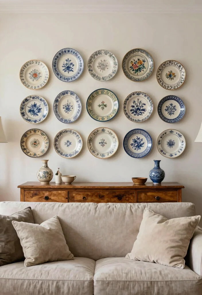 18 Wall Design in Living Room Ideas for Visual Impact and Style - 14. Vintage Plate Wall 1