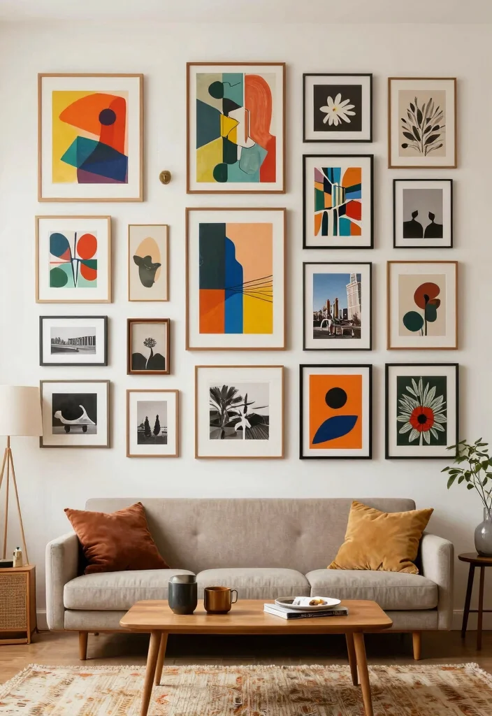 18 Wall Design in Living Room Ideas for Visual Impact and Style - 3. Eclectic Art Gallery Wall 1