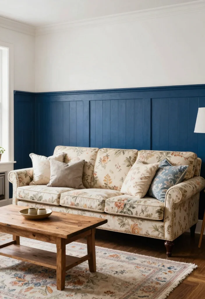 18 Wall Design in Living Room Ideas for Visual Impact and Style - 5. Colorful Wainscoting 1