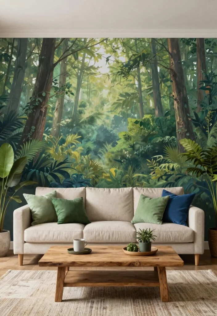 18 Wall Design in Living Room Ideas for Visual Impact and Style - 7. Nature-Inspired Mural 1