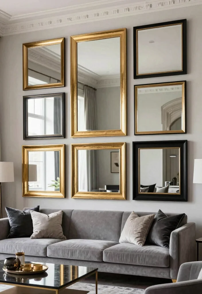 18 Wall Design in Living Room Ideas for Visual Impact and Style - 9. Statement Mirror Wall 1