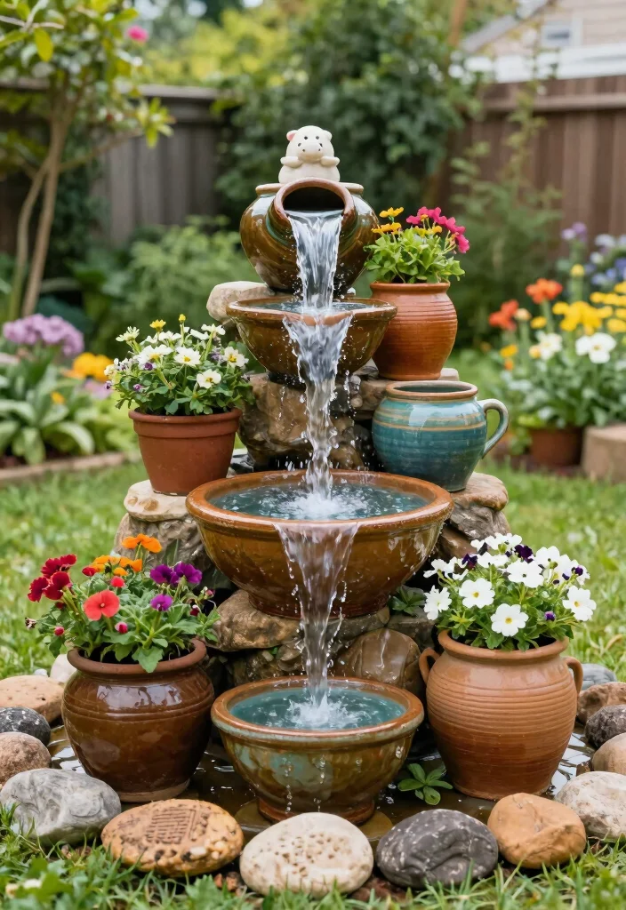 13 DIY Backyard Waterfall Projects for Nature Lovers - 7. Tiered Pot Waterfall 1