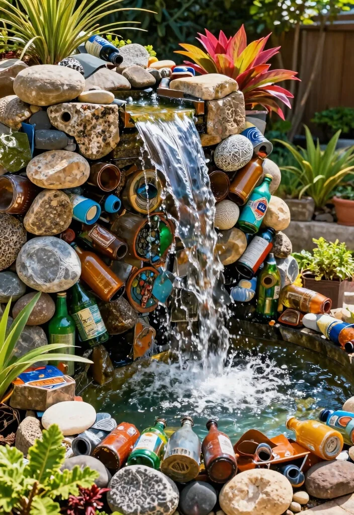 13 DIY Backyard Waterfall Projects for Nature Lovers - 9. Recycled Material Waterfall 1