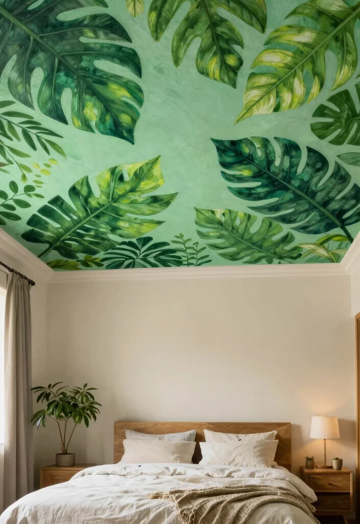 13 Green Ceiling Designs for Nature-Inspired Sleepers - 1. Vibrant Leafy Mural 1