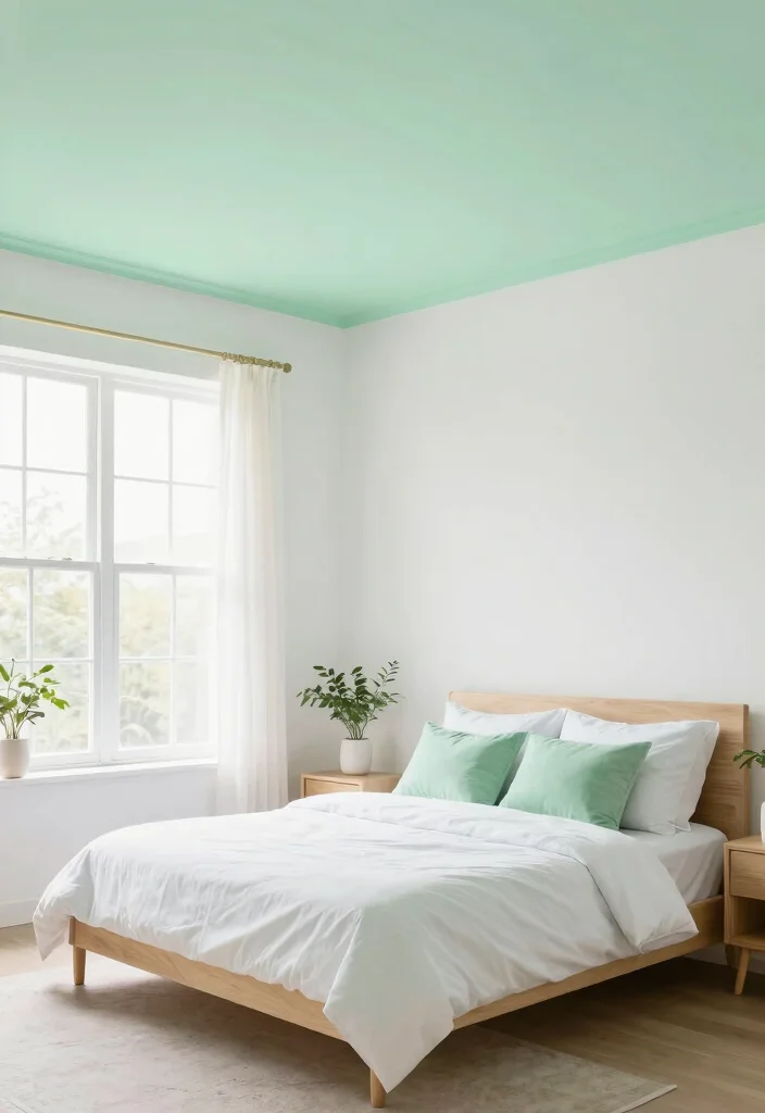 13 Green Ceiling Designs for Nature-Inspired Sleepers - 5. Pastel Green Accent Ceiling 1