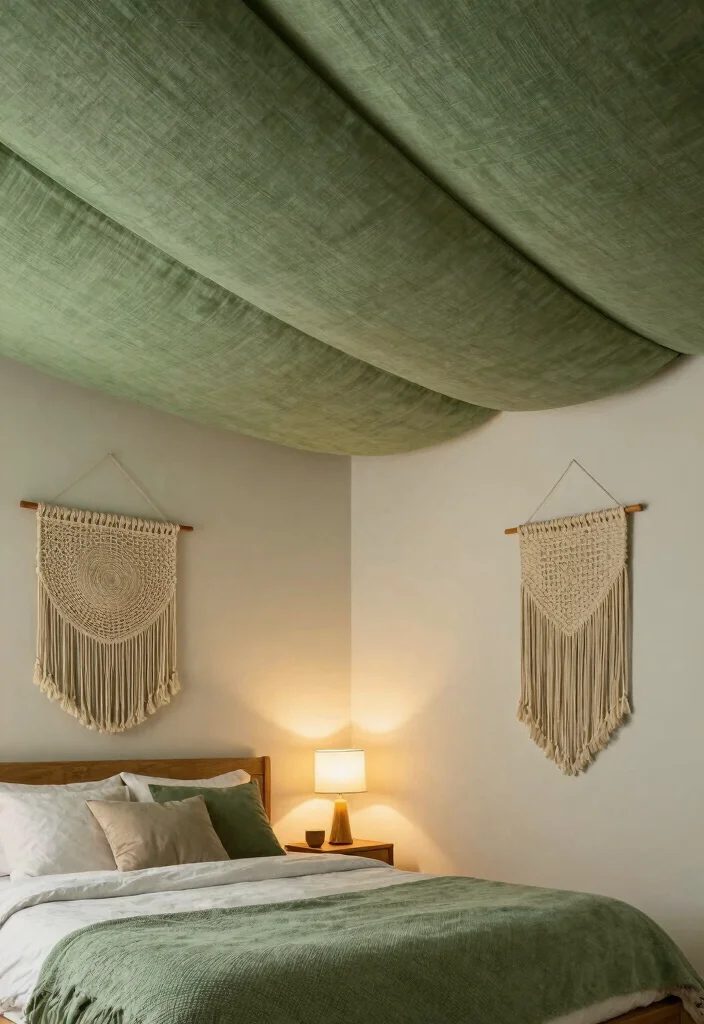13 Green Ceiling Designs for Nature-Inspired Sleepers - 6. Textured Fabric Ceiling 1