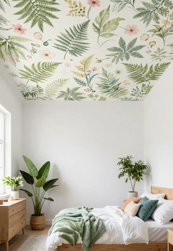 13 Green Ceiling Designs for Nature-Inspired Sleepers - 8. Botanical Wallpaper Ceiling 1