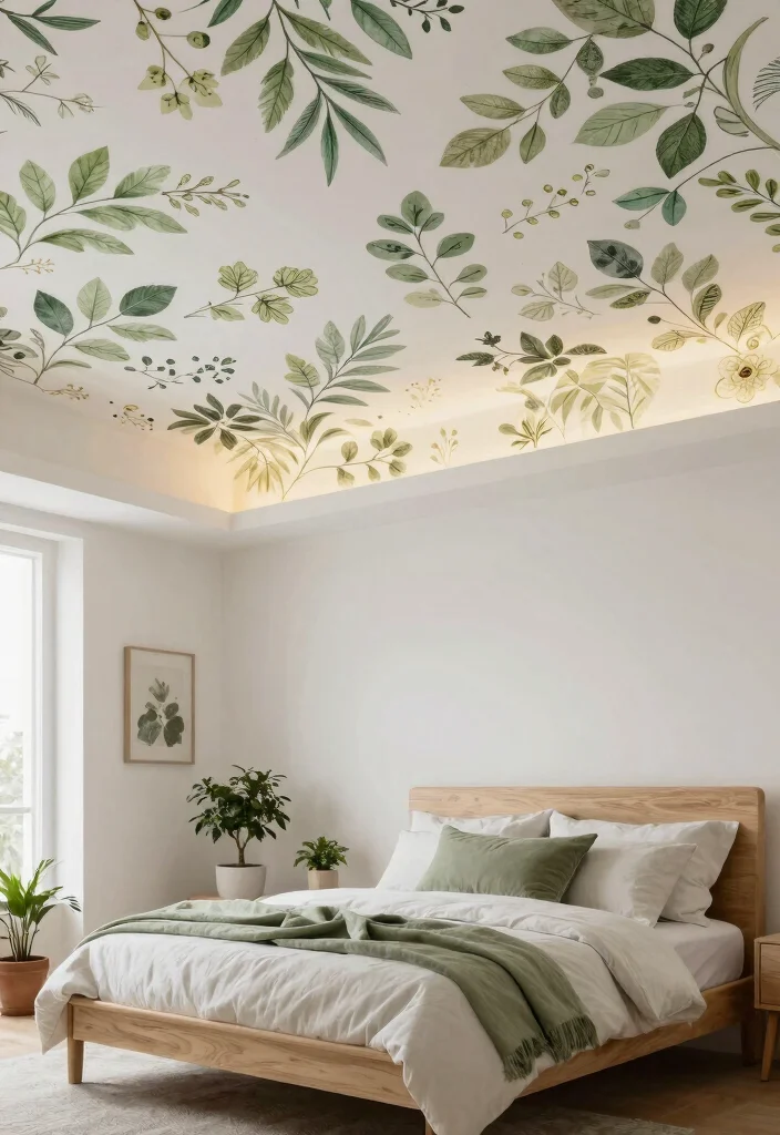 13 Green Ceiling Designs for Nature-Inspired Sleepers - 9. Nature-Inspired Stenciling 1