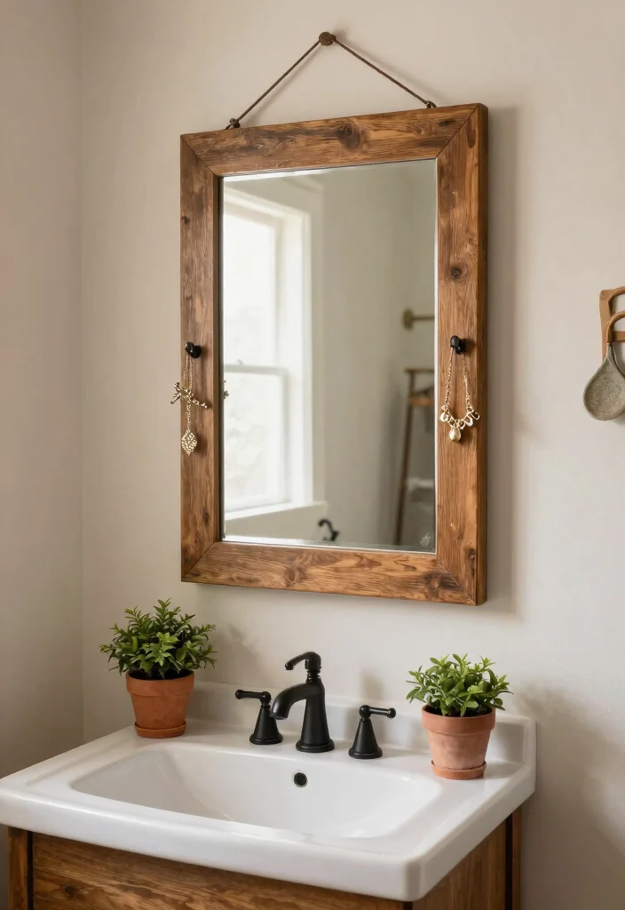 13 Small Bath Upgrades for Cozy Home Planners - 4. Rustic Mirror with Natural Elements 1