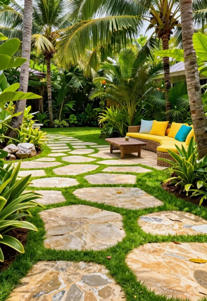 14 Grass and Paver Combos That Look Professional - 10. Tropical Grass and Stone Combo 1