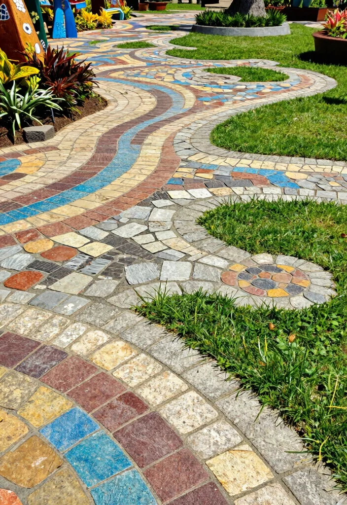 14 Grass and Paver Combos That Look Professional - 12. Artistic Mosaic Paver Design with Grass 1