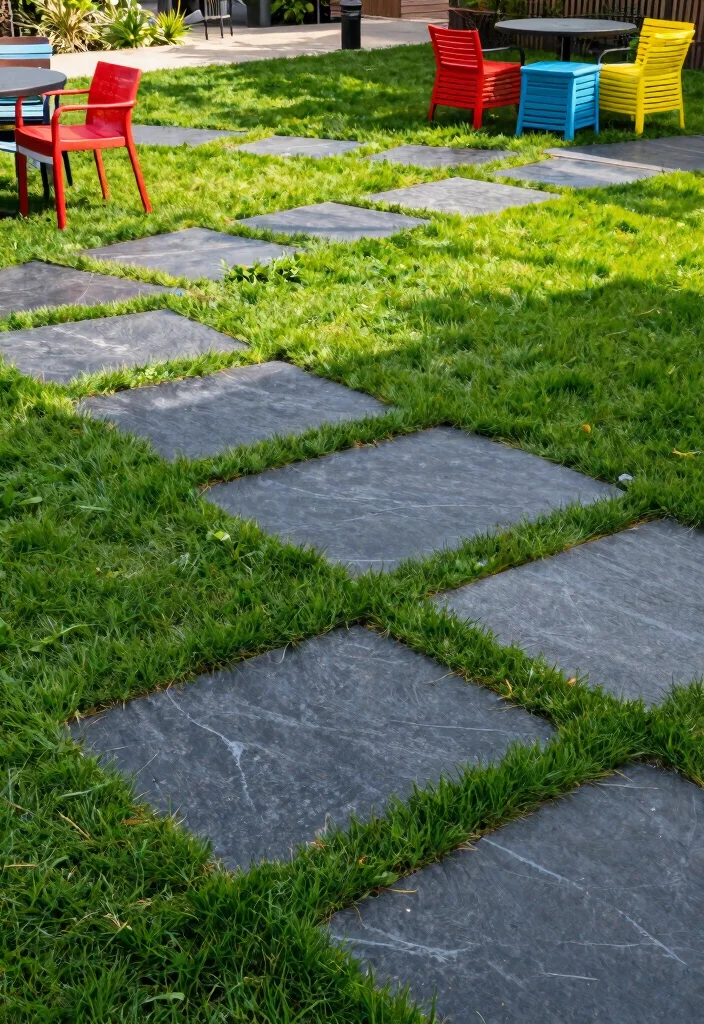 14 Grass and Paver Combos That Look Professional - 7. Bold Color Contrast with Grass and Dark Pavers 1