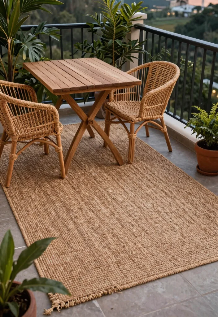 14 Japandi Balcony Ideas for Minimalist Professionals - 5. Outdoor Rugs for Texture 1