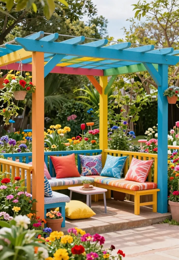 14 Pergola Structures for Shaded Lounging Lovers - 11. Colorful Pergola for a Fun Twist 1