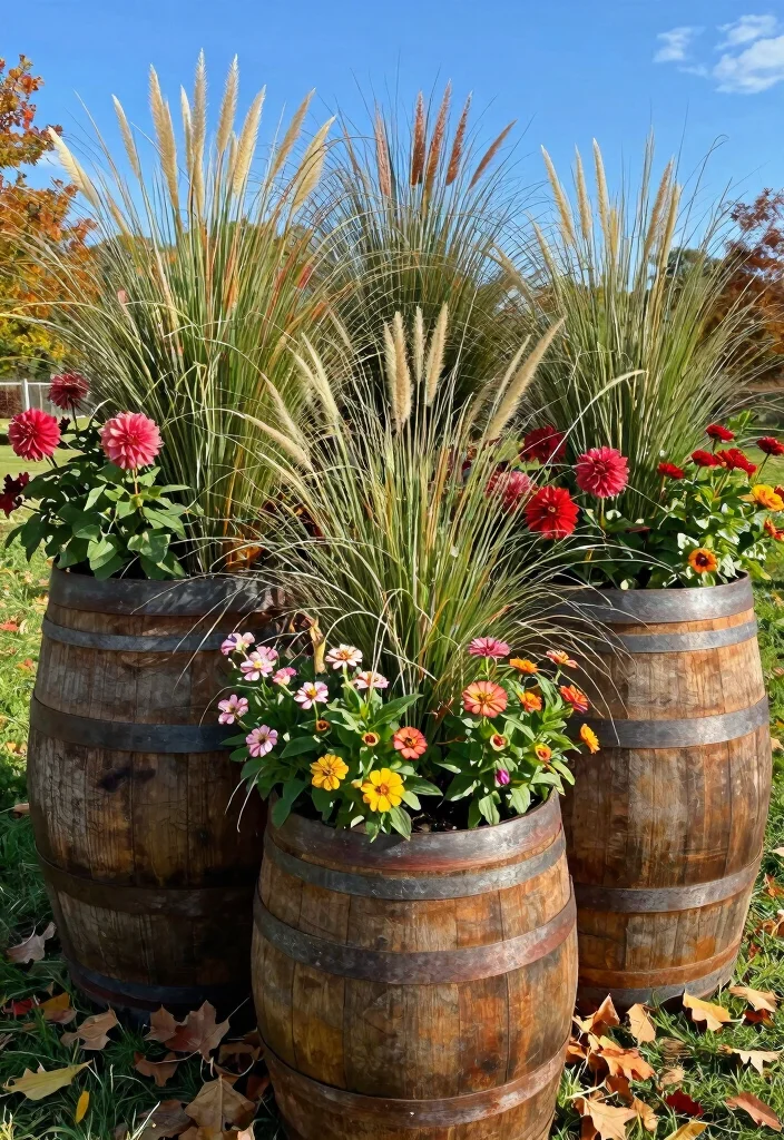 15 Fall Planter Ideas for Seasonal Decorators - 2. Rustic Wooden Barrels 1