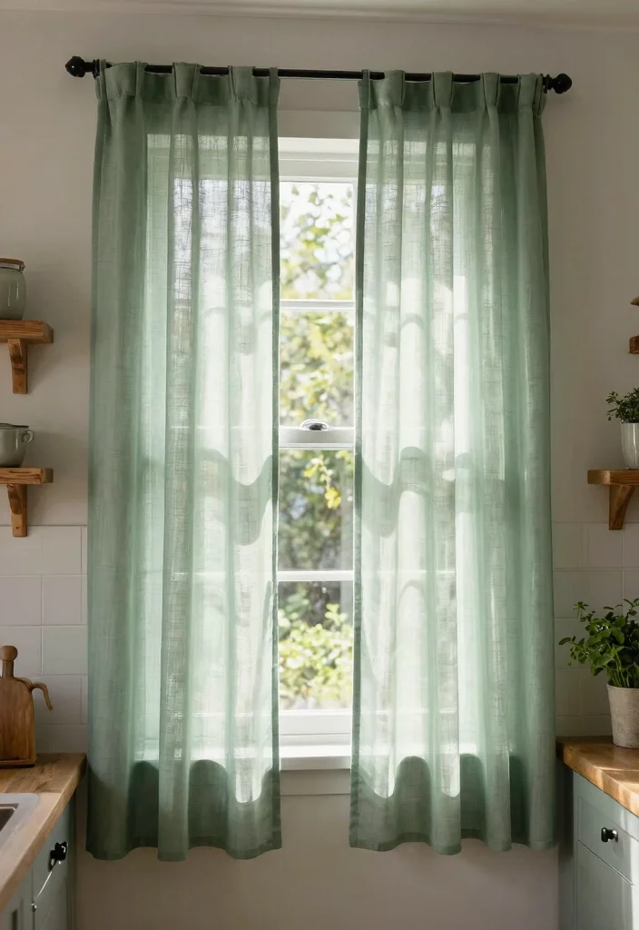 15 Sage Green Ideas for Earthy Kitchen Cooks - 13. Sage Green Window Treatments 1