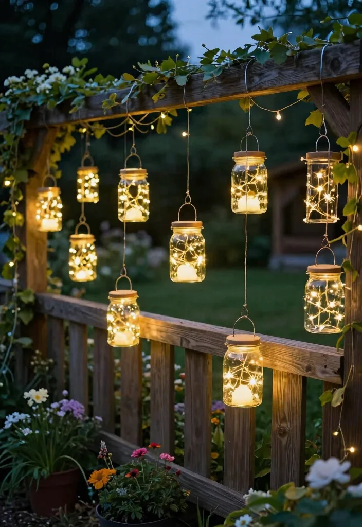 16 Fence Lighting Ideas for Evening Entertainers - 11. Hanging Fairy Jars 1