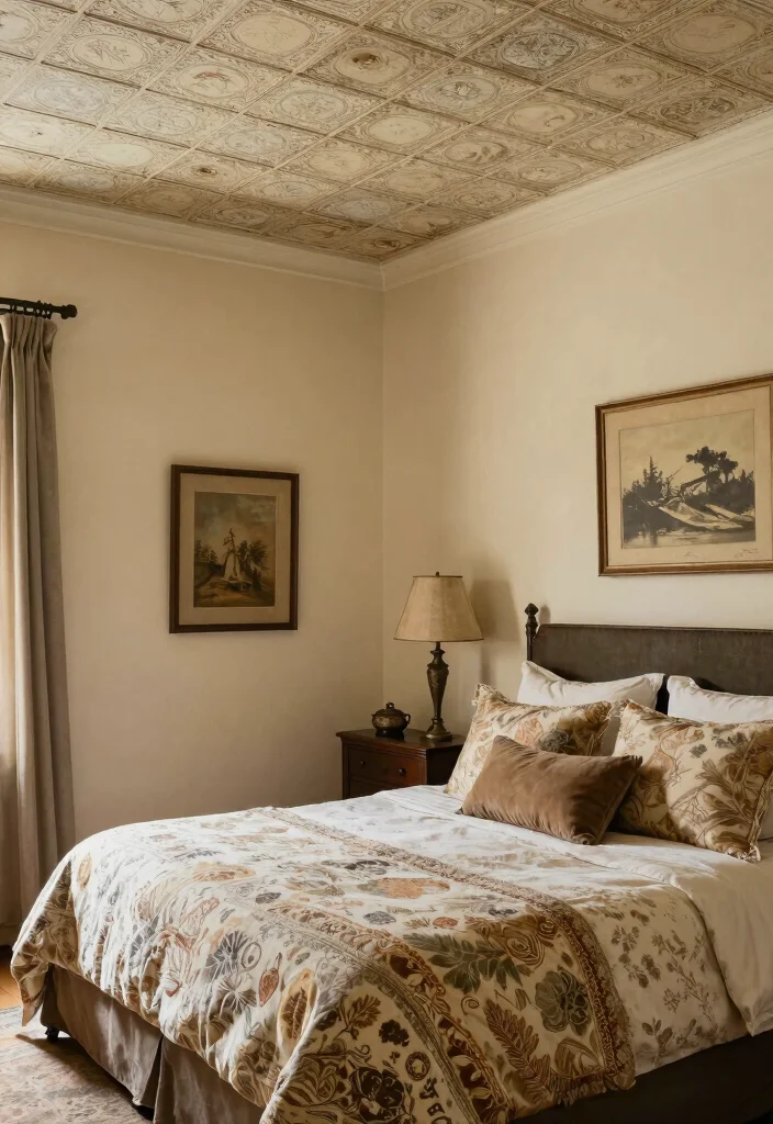 16 Tray Ceiling Treatments for Master Bedroom Upgrades - 11. Vintage Tin Tiles 1