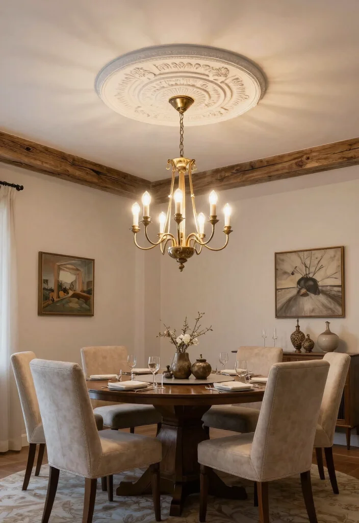 17 Faux Beam Tricks for Exposed Ceiling Lovers - 9. Add a Ceiling Medallion 1