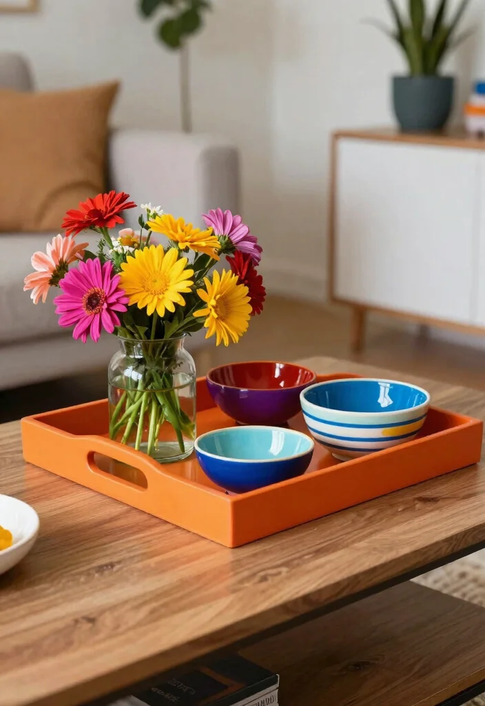 17 Styled Trays for Coffee Table Decorators - 14. Color Pop 1