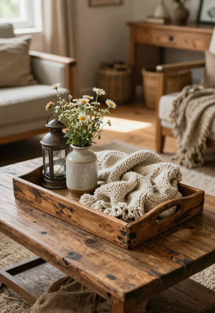 17 Styled Trays for Coffee Table Decorators - 6. Rustic Farmhouse Tray 1