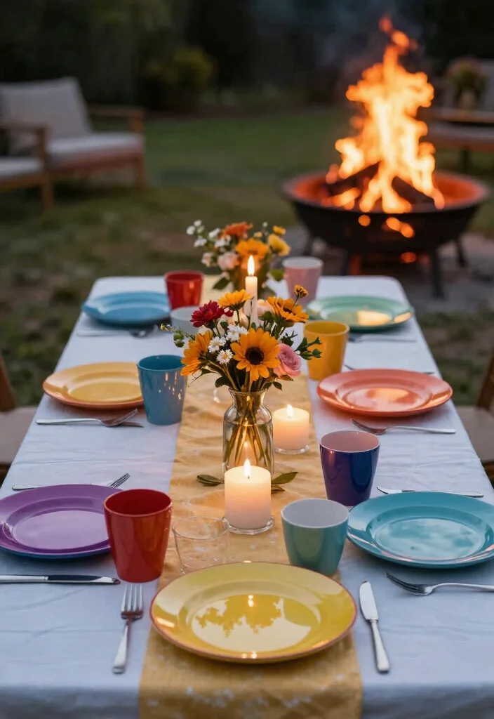 18 Bonfire Setup Ideas for Weekend Social Butterflies - 11. Colorful Table Settings: Vibrant Table Decor 1