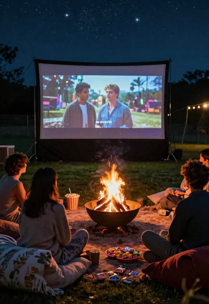18 Bonfire Setup Ideas for Weekend Social Butterflies - 15. Movie Night Under the Stars: Outdoor Screen Setup 1
