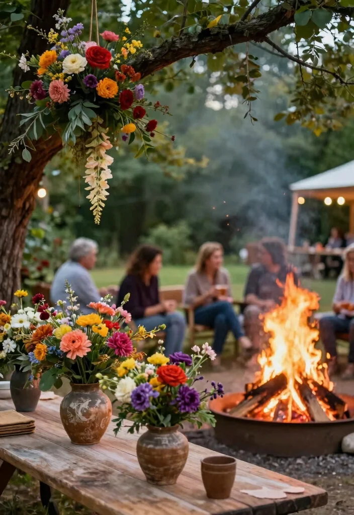 18 Bonfire Setup Ideas for Weekend Social Butterflies - 16. Garden Party: Incorporating Floral Arrangements 1