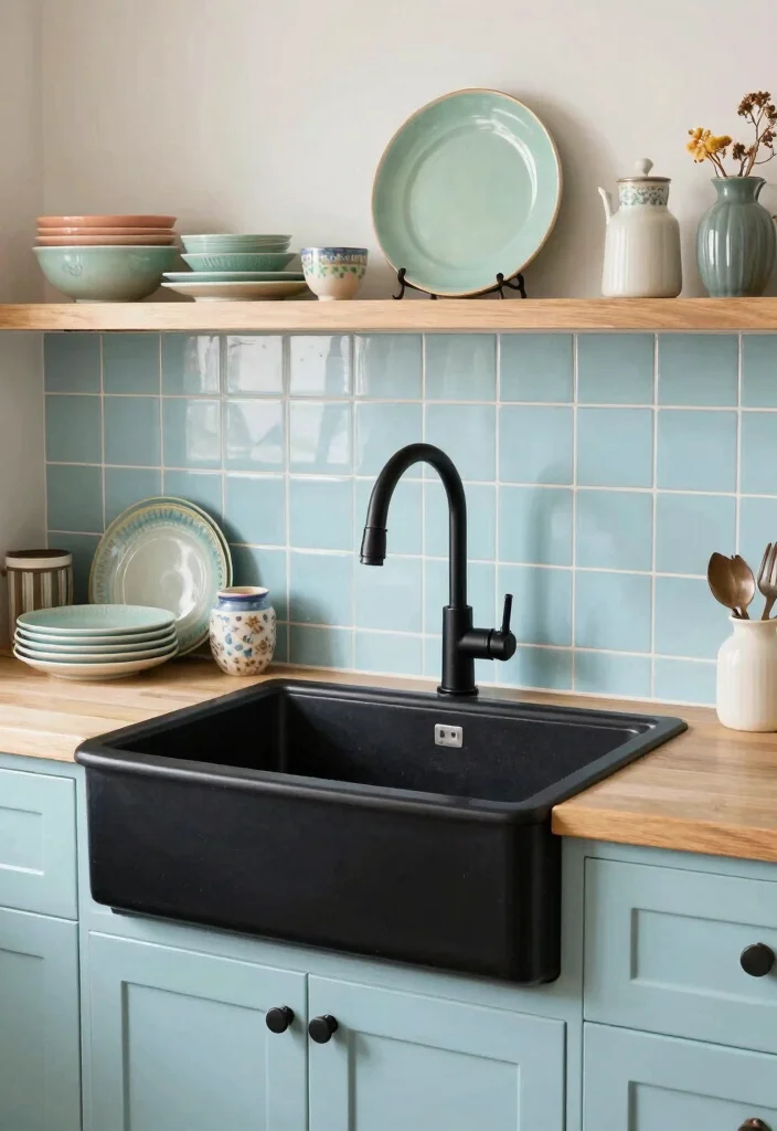18 Farmhouse Sink Styles for Heritage Kitchen Lovers - 17. Vintage Color Accents with Black Sinks 1