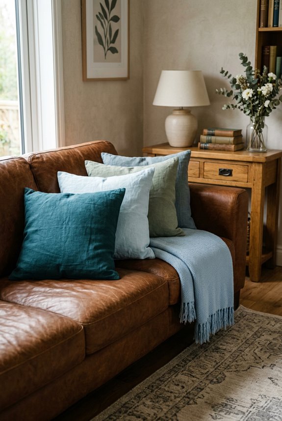 cool blue green accents with brown sofas