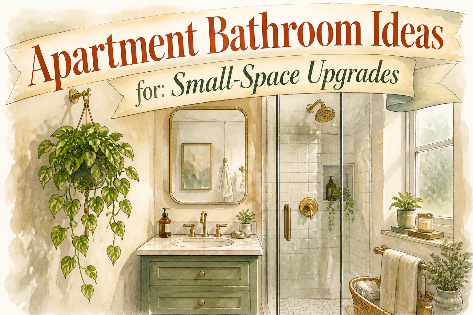 Modern bathroom with various decor and design elements for small spaces.