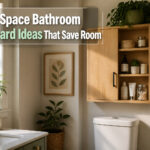 Various small space bathroom storage ideas displayed in an organized setup.