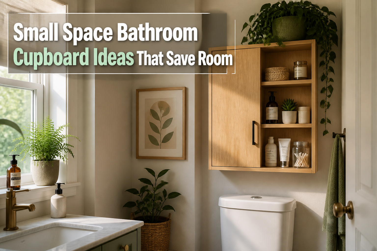 Various small space bathroom storage ideas displayed in an organized setup.