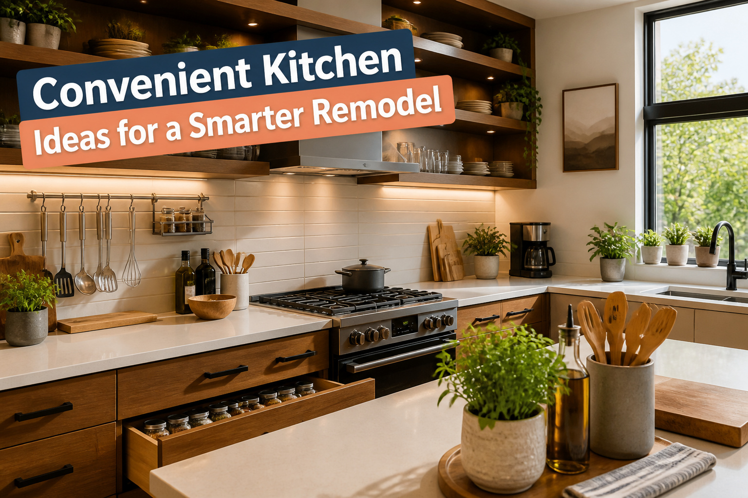 A bright kitchen showcasing innovative storage ideas and design elements.