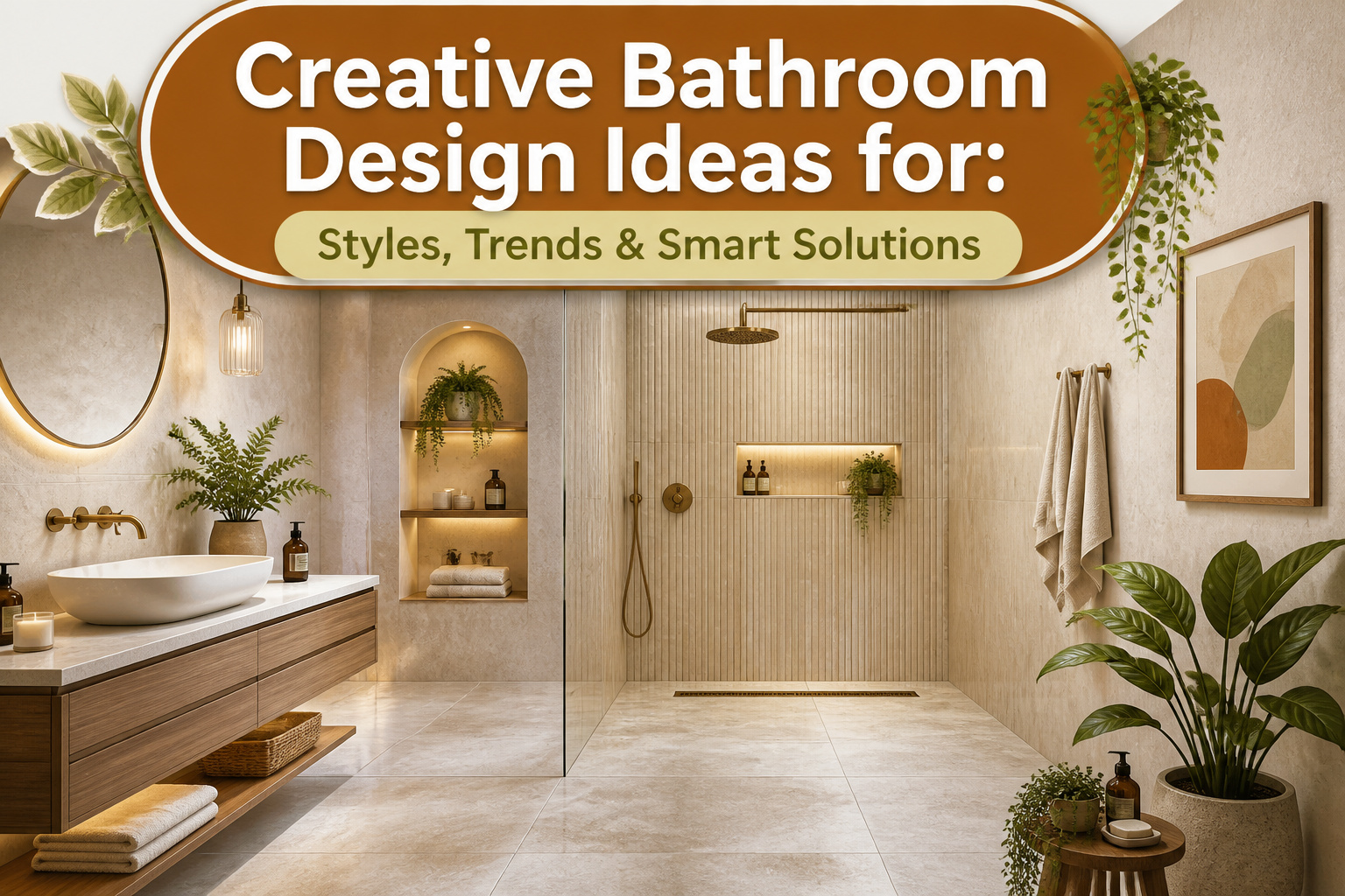 A contemporary bathroom with a freestanding tub and warm color palette.