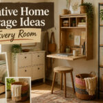 An arrangement of various creative storage ideas in a home setting.