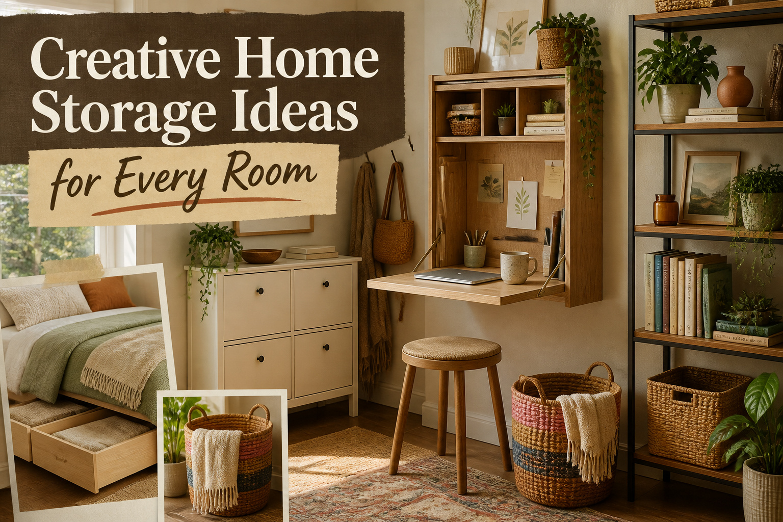 An arrangement of various creative storage ideas in a home setting.