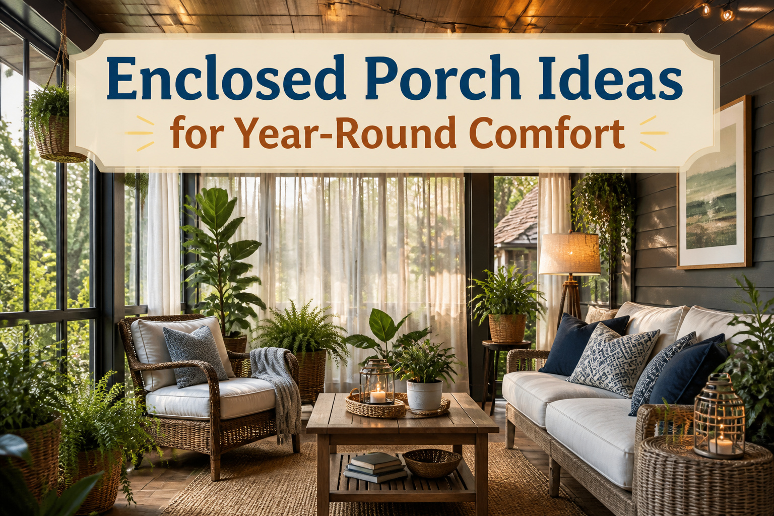 A well-decorated enclosed porch with various seating and decor elements.