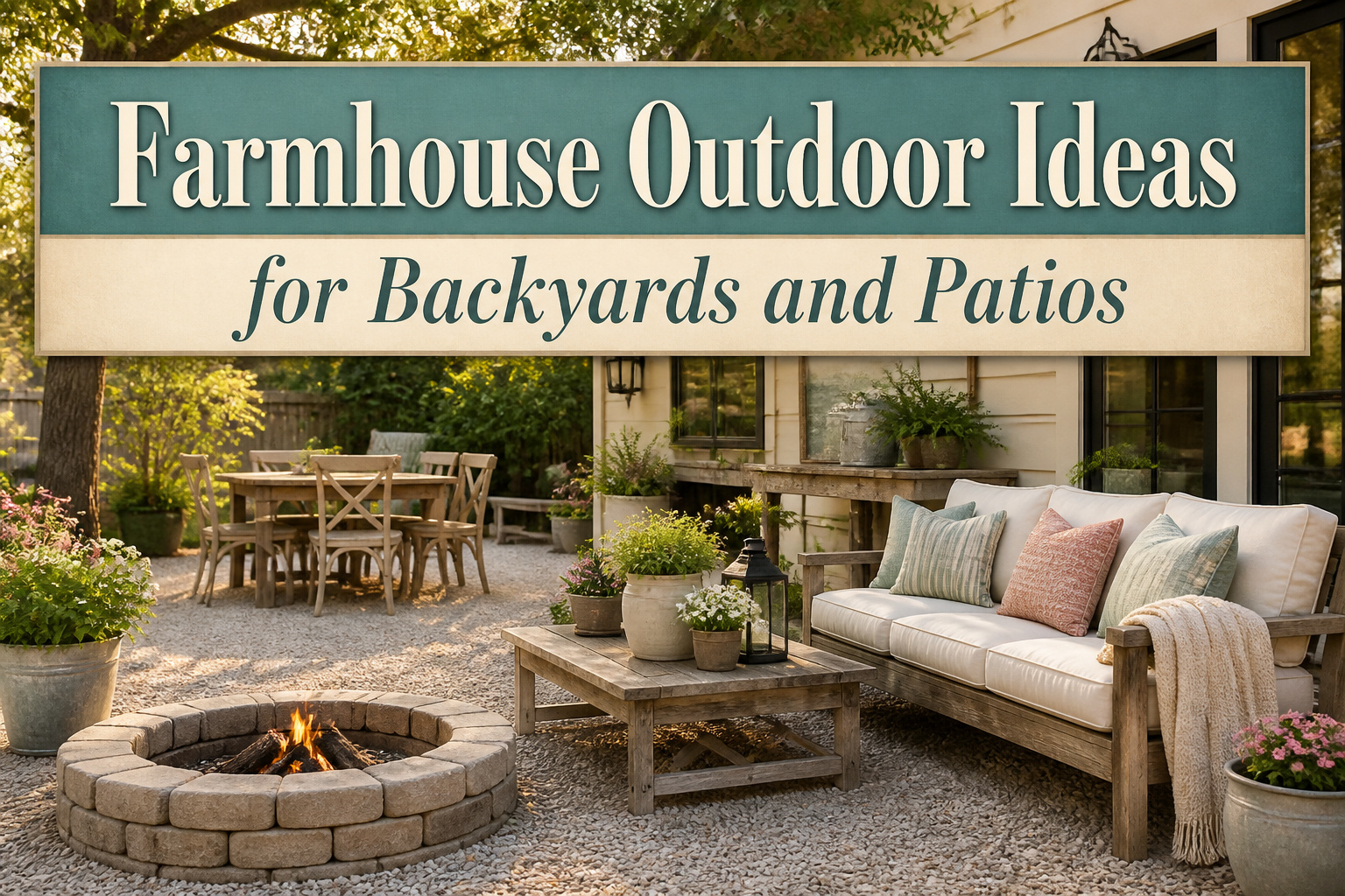 A collage of various farmhouse outdoor ideas for backyards and patios.