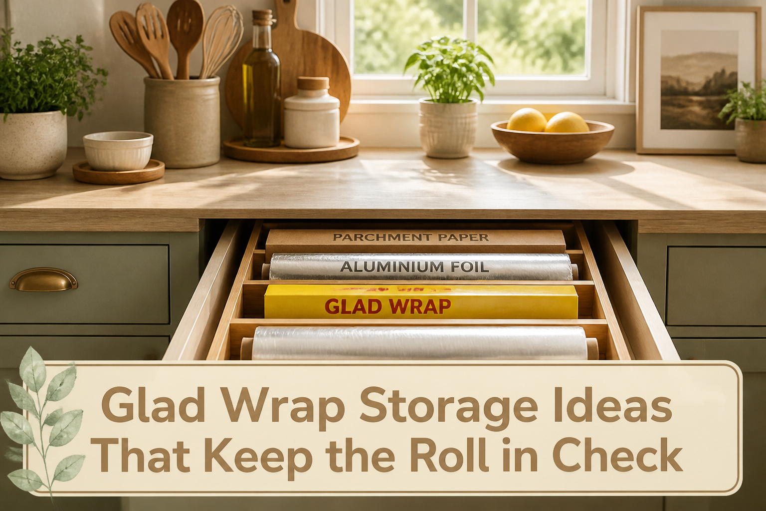 Various storage solutions for glad wrap including racks and organizers.