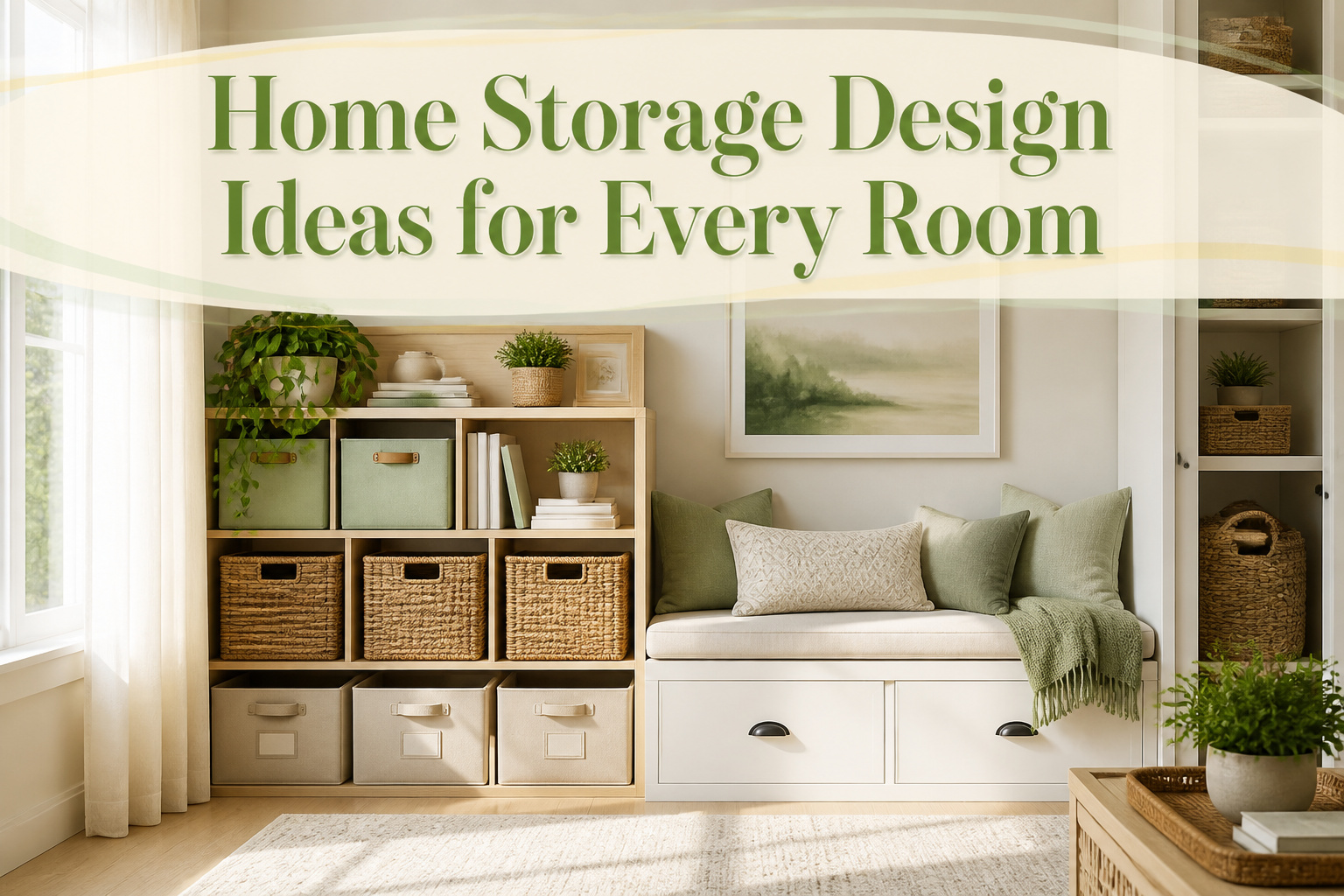 A collage of various home storage solutions for different rooms.
