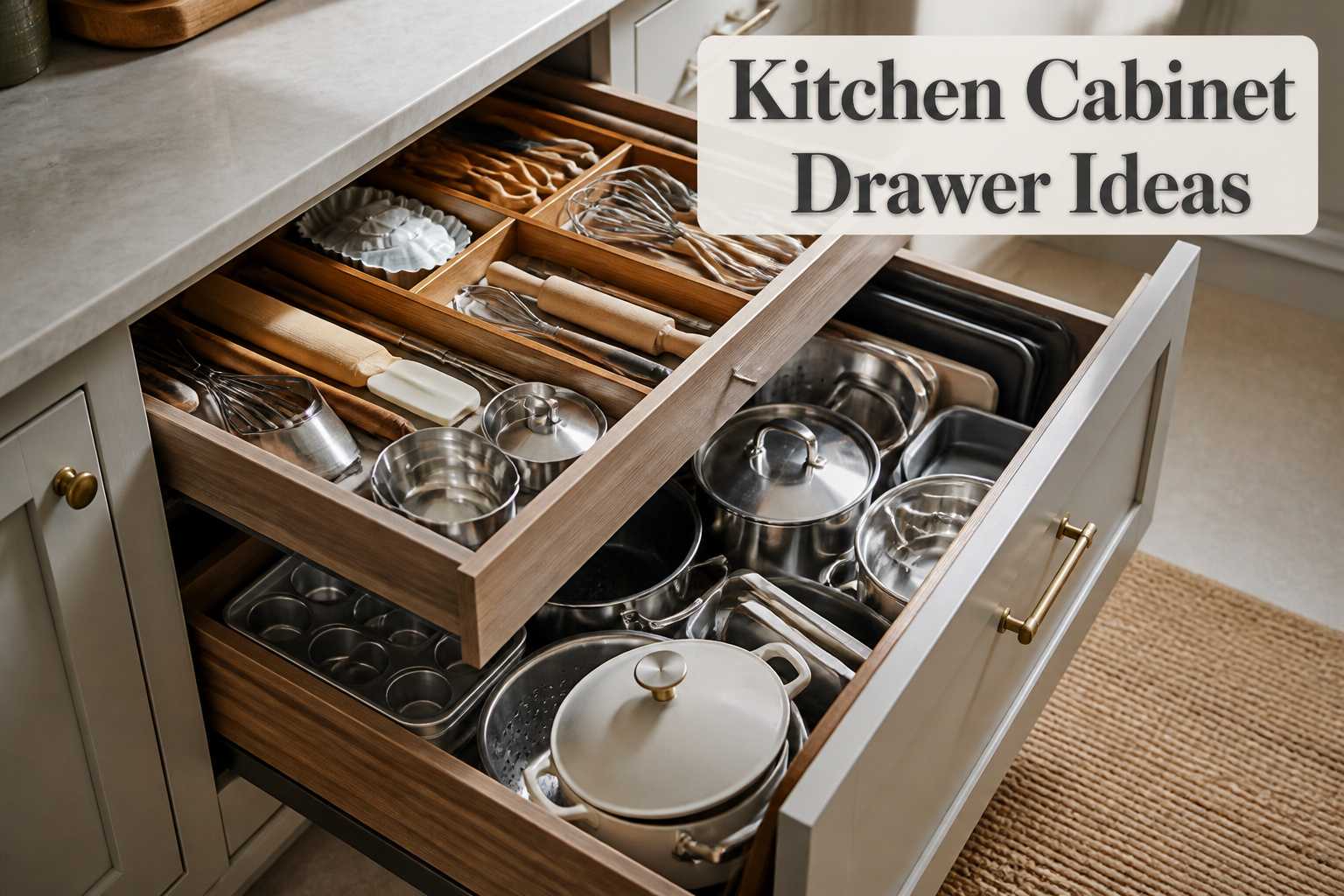 A variety of kitchen cabinet drawer designs and organization solutions.