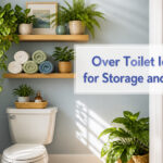Various over-toilet storage solutions including shelves, cabinets, and decor.