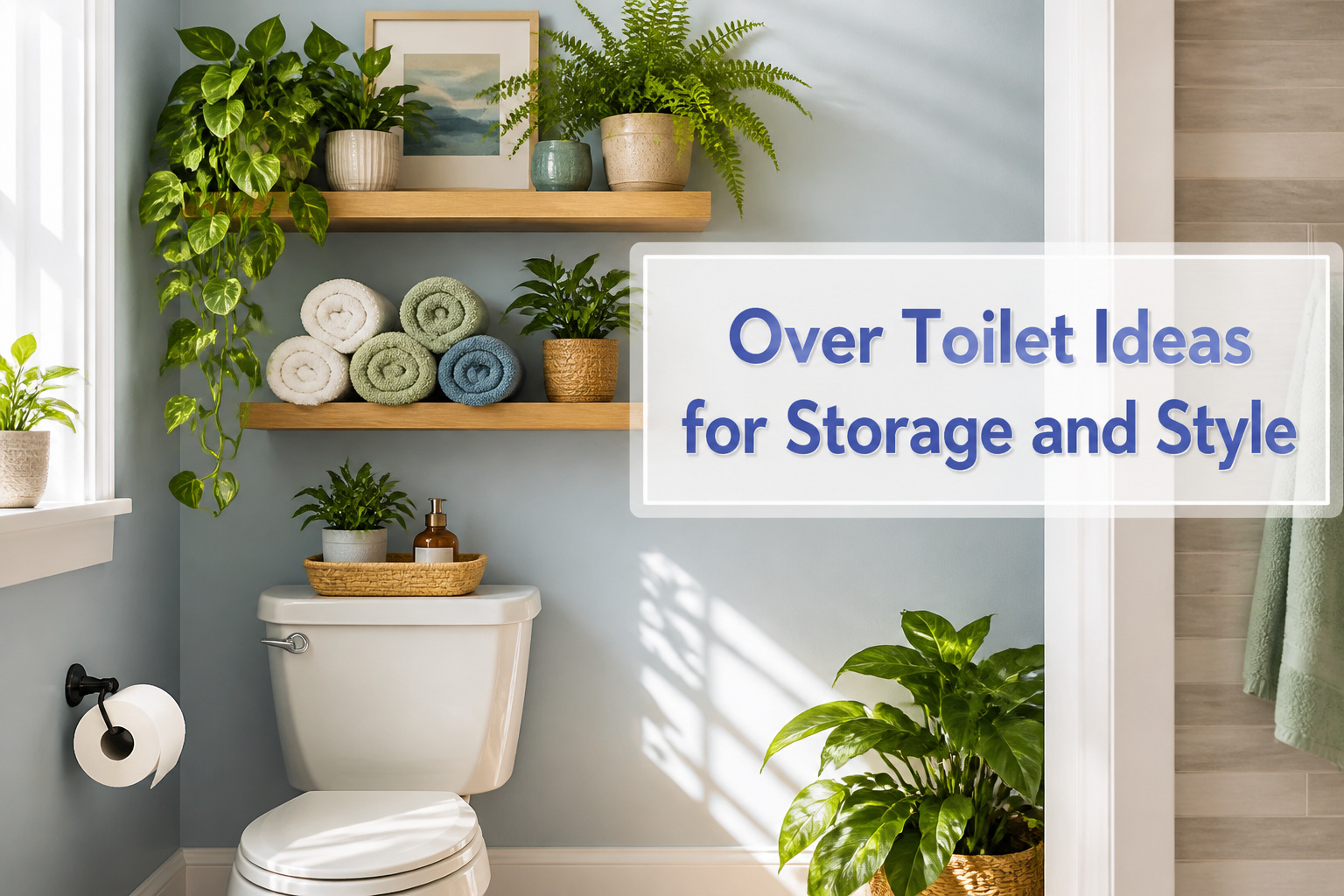 Various over-toilet storage solutions including shelves, cabinets, and decor.