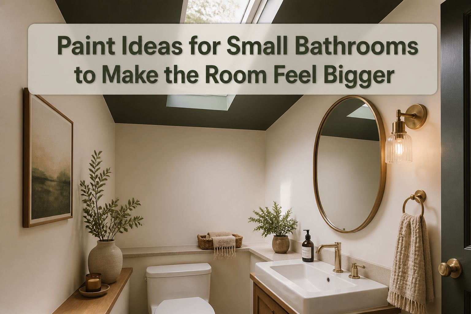 A collage of painted small bathrooms in various color schemes.