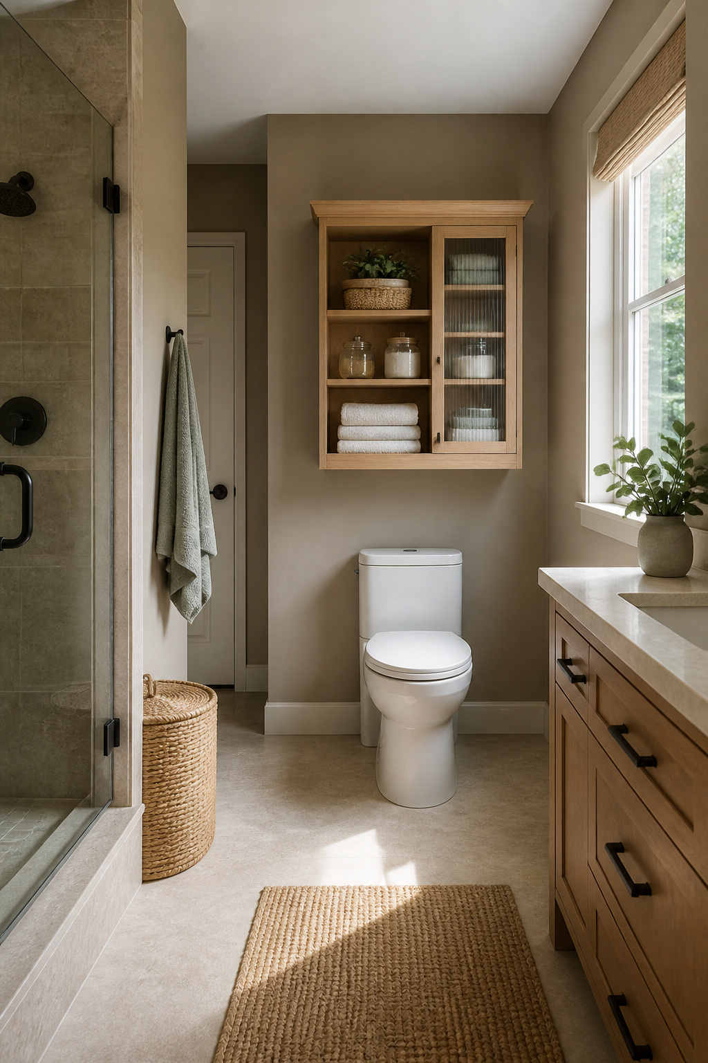 A cabinet above a toilet with shelves displaying toiletries and decor.
