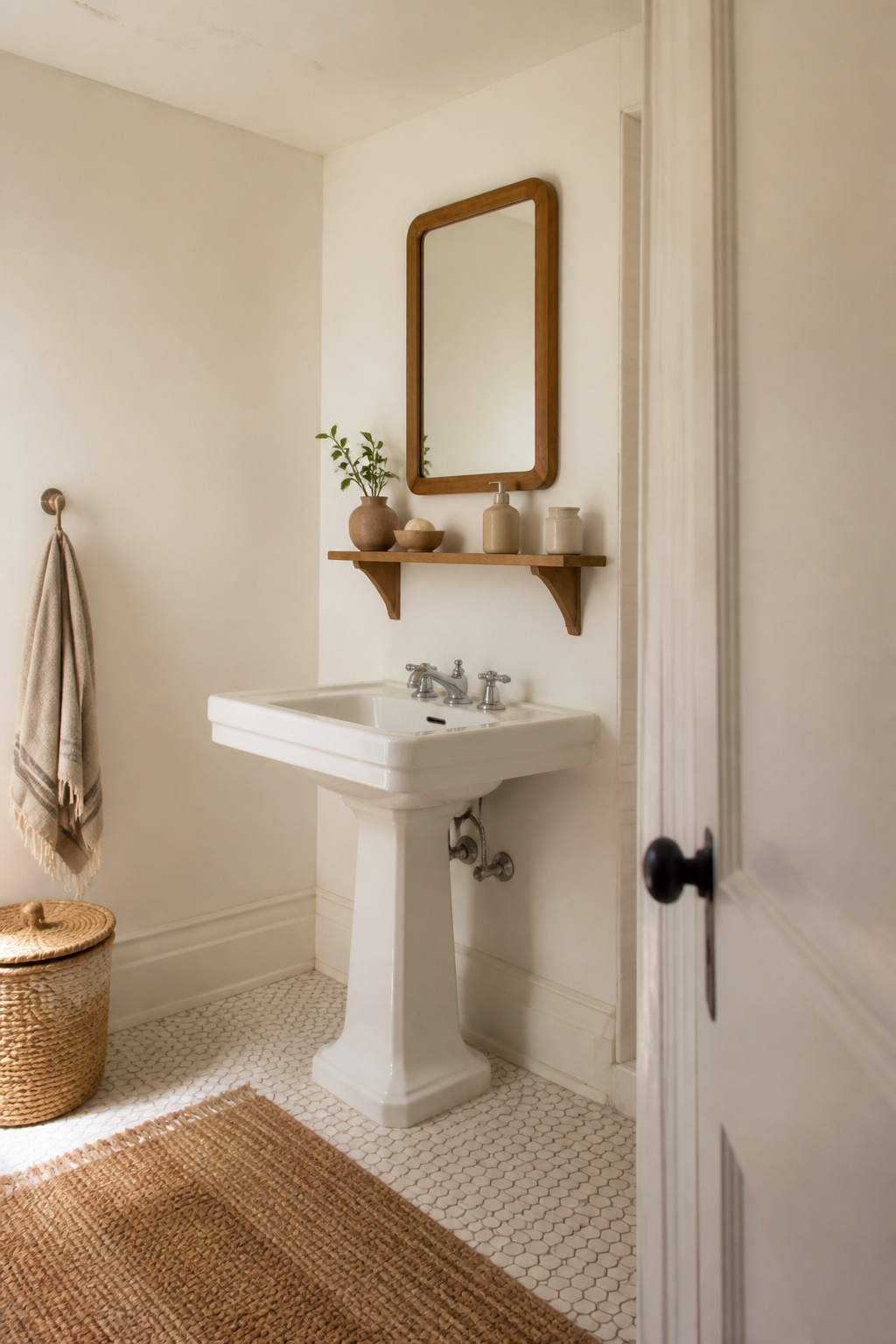 9 Paint Ideas for Small Bathrooms to Make the Room Feel Bigger (2026) 2 A small bathroom with off-white walls and a vintage pedestal sink.