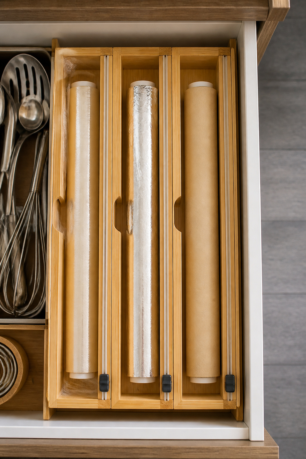 8 Glad Wrap Storage Ideas That Keep the Roll in Check (2026) 2 Bamboo drawer organizer displaying three rolls of glad wrap.