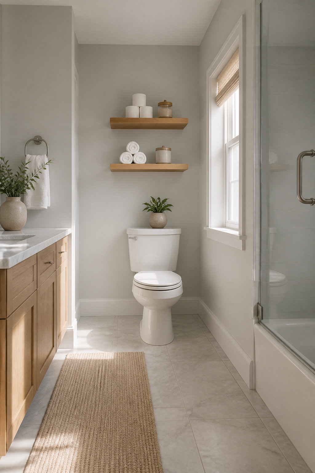 Floating shelves with decorative items above a toilet.