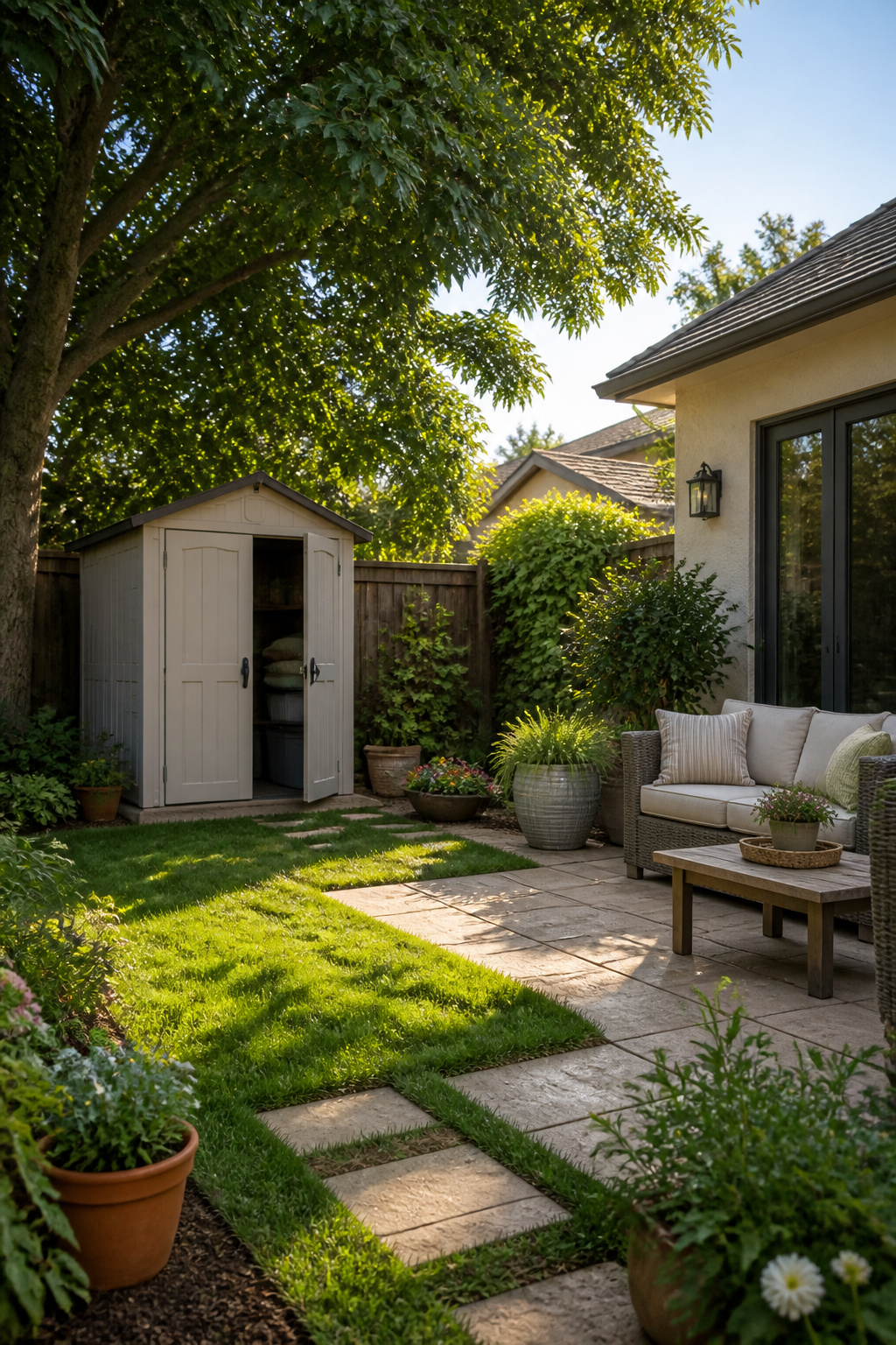Cushion Storage Ideas: Sheds, Benches, Deck Boxes and More (2026) 2 Suncast Storage Shed with a raised floor for cushion storage.